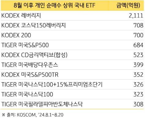 8월 이후 개인 순매수 상위 '국내 etf''들을 보여주는 자료.